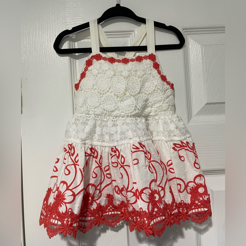 Peek White Dress with Red Floral Trim
